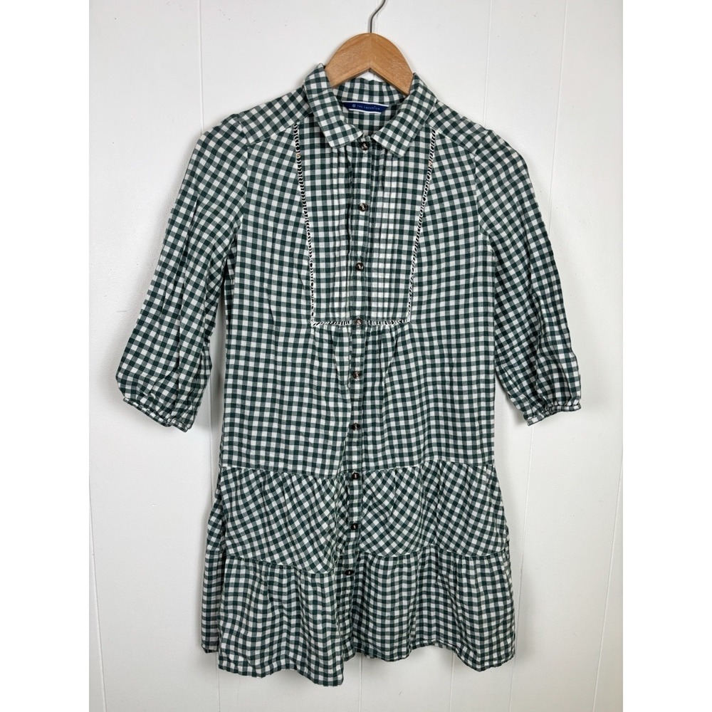 The Emporium Green‎ Gingham Cotton Mini Dress Drop Waist Prairie Cottage Tiered